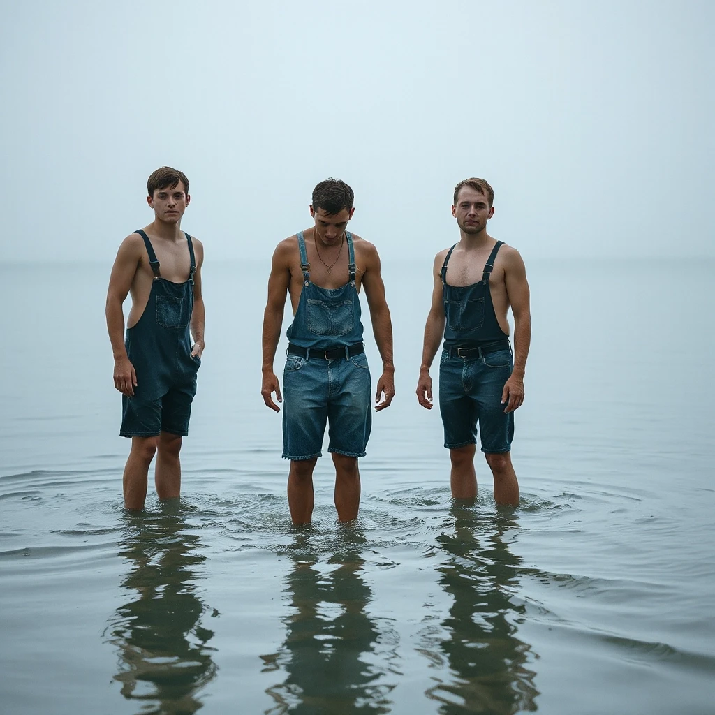 18-years-old guys in blue wet denim leggings are standing in deep water, at the rain, all wet — работа пользователя Грозовой Химик