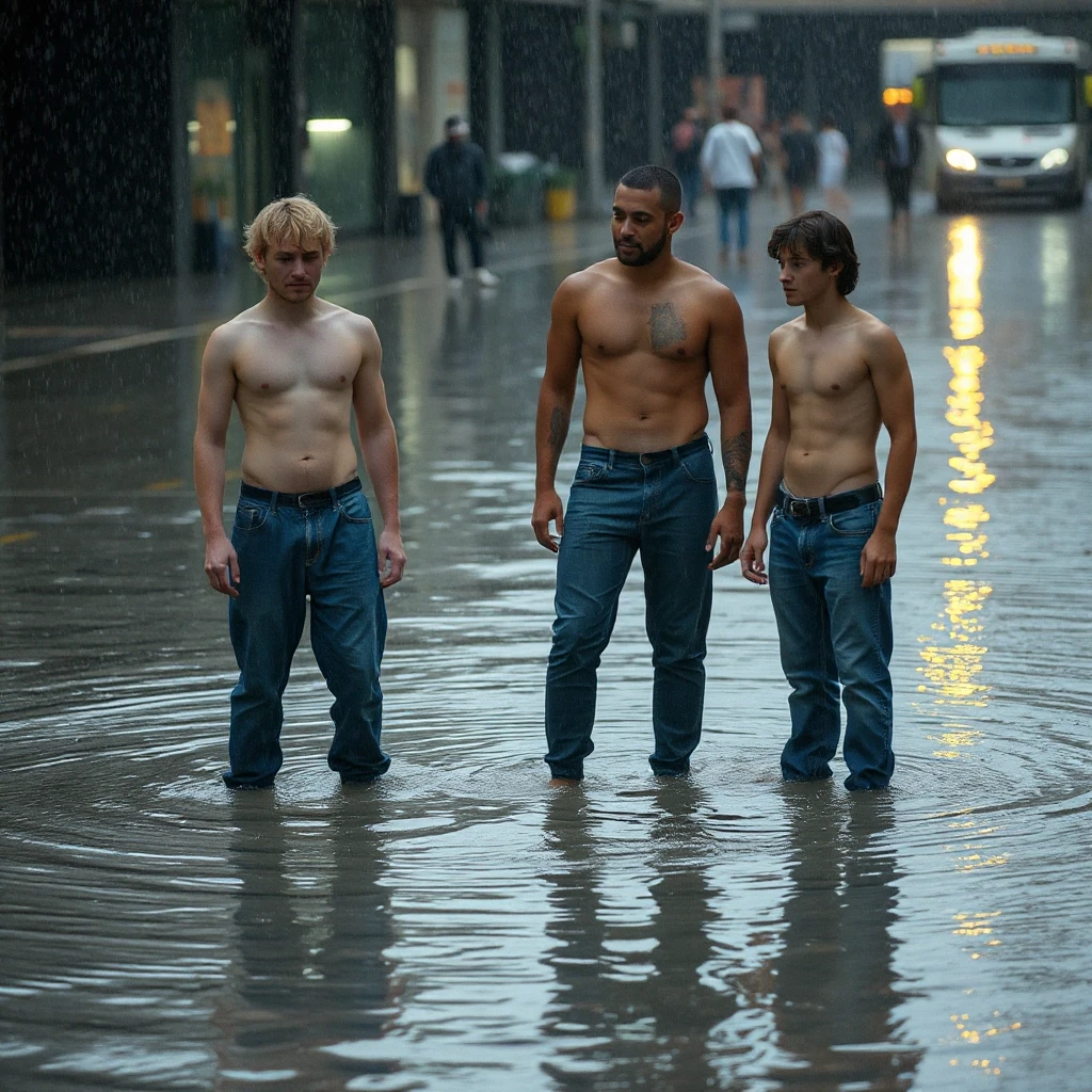 18-years-old guys in blue wet denim leggings are standing in deep water, at the rain, all wet — работа пользователя Грозовой Химик