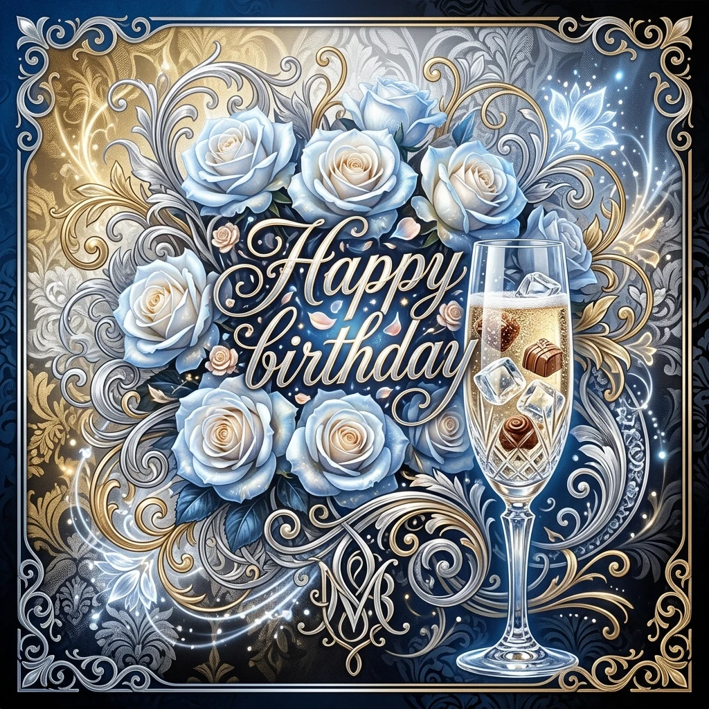 (Crystal tall glass):champagne with ice cubes and chocolate.(Birthday greeting card) Postcard design: blue and black with ((decorated with silver curls, monograms in a summer…