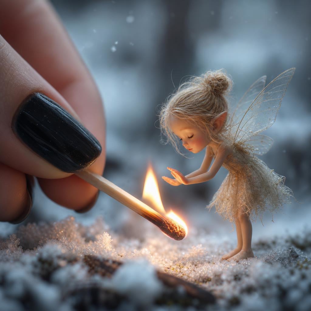 A fairy warming hands by a match flame, macro focus