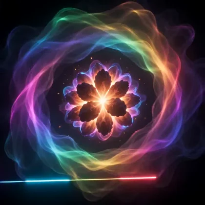 A glowing bioluminescent morphing of floating embers anchored in absolute black, shimmering rainbow fog gently spiraling in a self-contained vortex, thin neon-colored light…