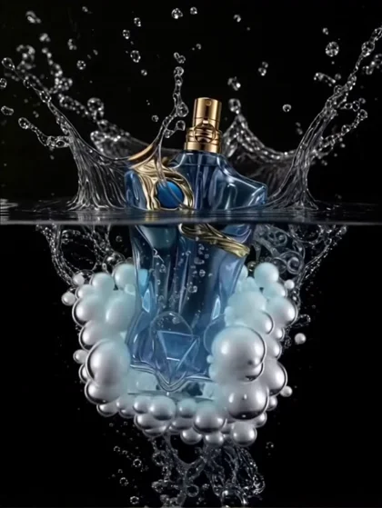 Cinematic slow-motion transition - 6 sec. Start with the high-speed macro shot of the cobalt blue perfume bottle into water (Image A), with explosive white bubbles and golden…