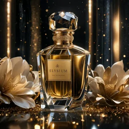 5s square 1:1 luxury macro perfume ad. Use ref1 as exact hero bottle (faceted crystal, diamond-cut cap, amber liquid, gold collar, readable label). Bottle centered on glossy…