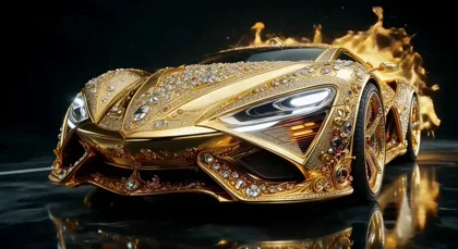 A dazzling car, entirely covered in Swarovski crystals, 0-2 sec: Widescreen shot - A dazzling car accelerates rapidly on a winding mountain road. Sunlight reflects off every…
