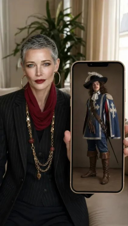 The girl slowly lowers her phone down with her left hand, moving it out of the frame. The man dressed as a 17th-century French Musketeer from the time of Louis XIV is already…
