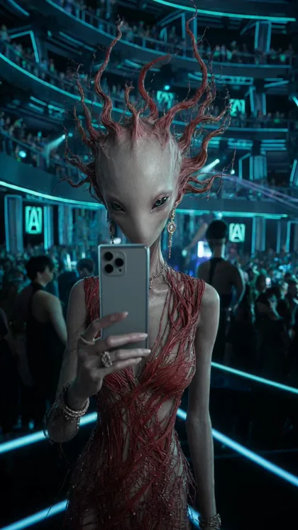 Create a 10-second vertical video in a hyperrealistic style, filmed from the first-person perspective of an alien creature (@image1). The creature first films itself on an…