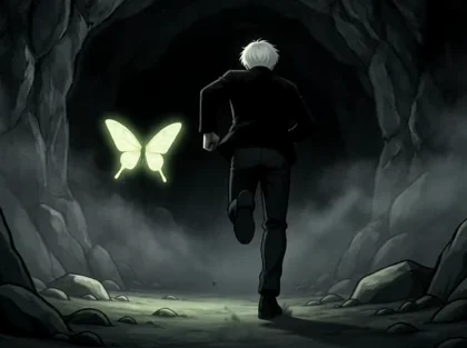 Use the uploaded image as a precise visual reference for the character, moth, cave, lighting, color palette, and overall art style. Do not modify the character or environment. A…