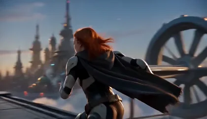Create a 5-second cinematic sci-fi action sequence in 16:9. Use the attached reference image @image1 as the exact visual reference for the female protagonist. Her facial…