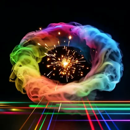 A luminous morphing of glowing sparks suspended in a black void, swirling iridescent multicolor mist slowly orbiting the core in a perfect loop, narrow prismatic colored rays…