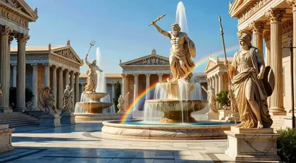 Мраморные скульптуры олимпийских богов Движение камеры параллельно круглому фонтану. Струи воды в фонтане. Радуга — работа пользователя Поющая Экситон