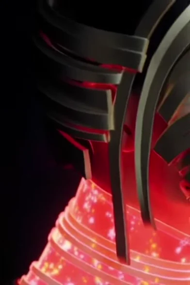 Close-up of a woman's face bound in metallic ribbons. One ribbon slowly detaches and unwinds into the air like an awakening serpent, releasing a burst of glowing orange…